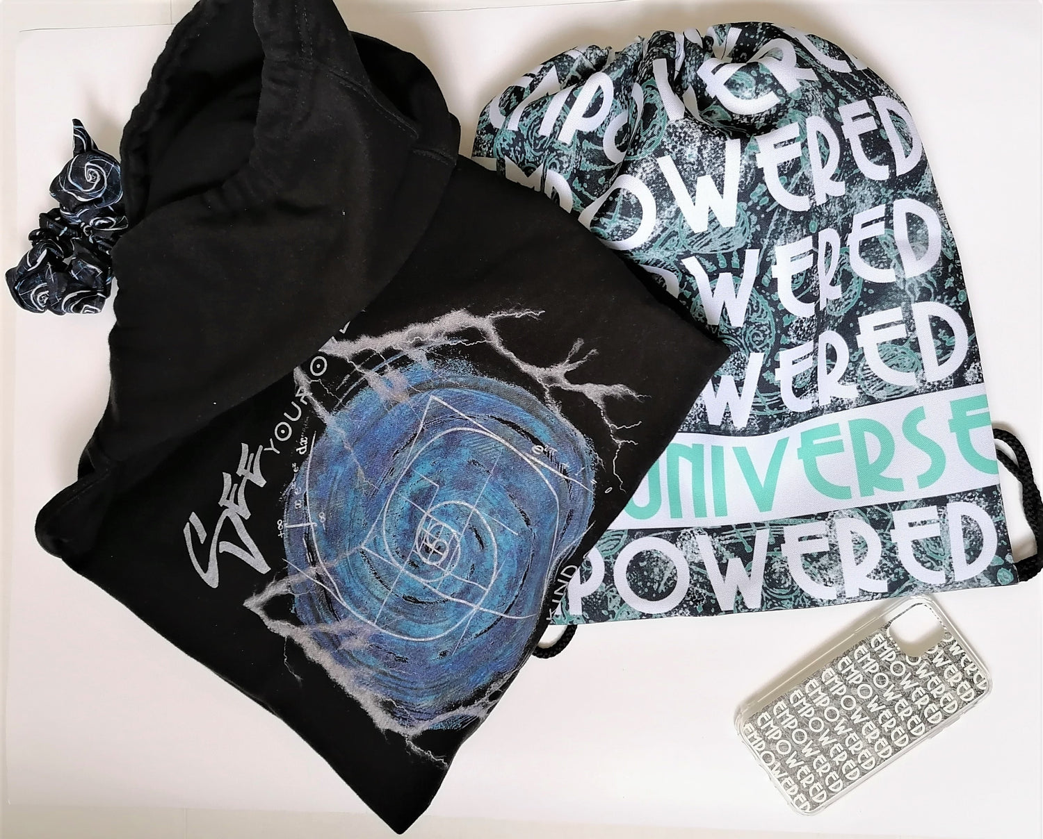 Perfected by the Universe hoodie drawstring bag phone case scrunchies