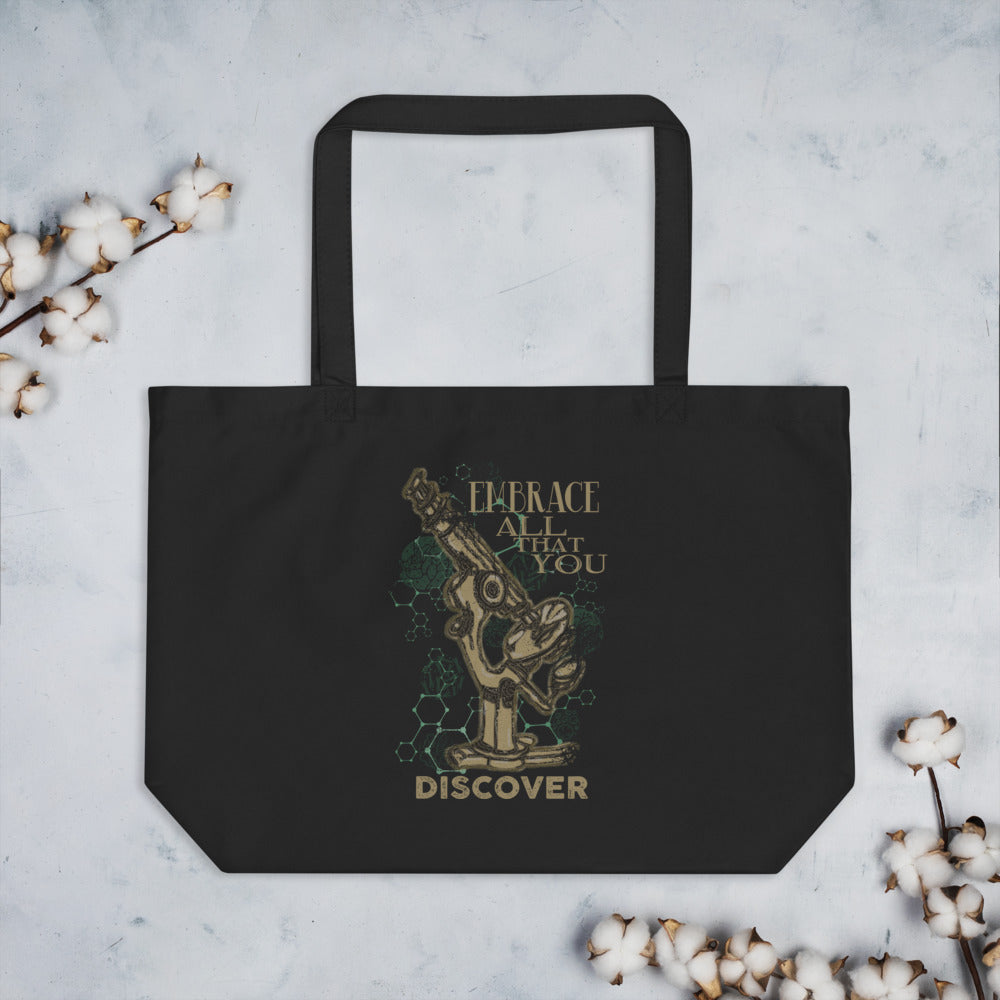 Embrace All That You Discover large eco canvas tote bag black front