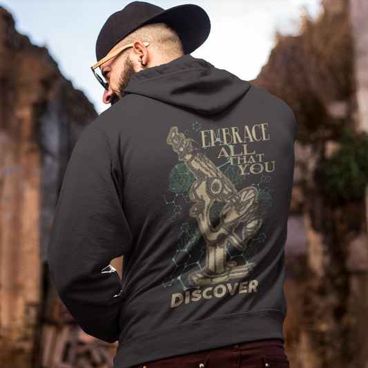 man wearing Embrace All That You Discover microscope black pullover hoodie