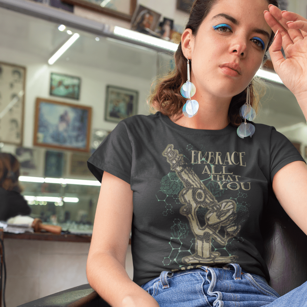 Women's Short Sleeve T-Shirt Embrace All that You Discover Microscope black vintage tee