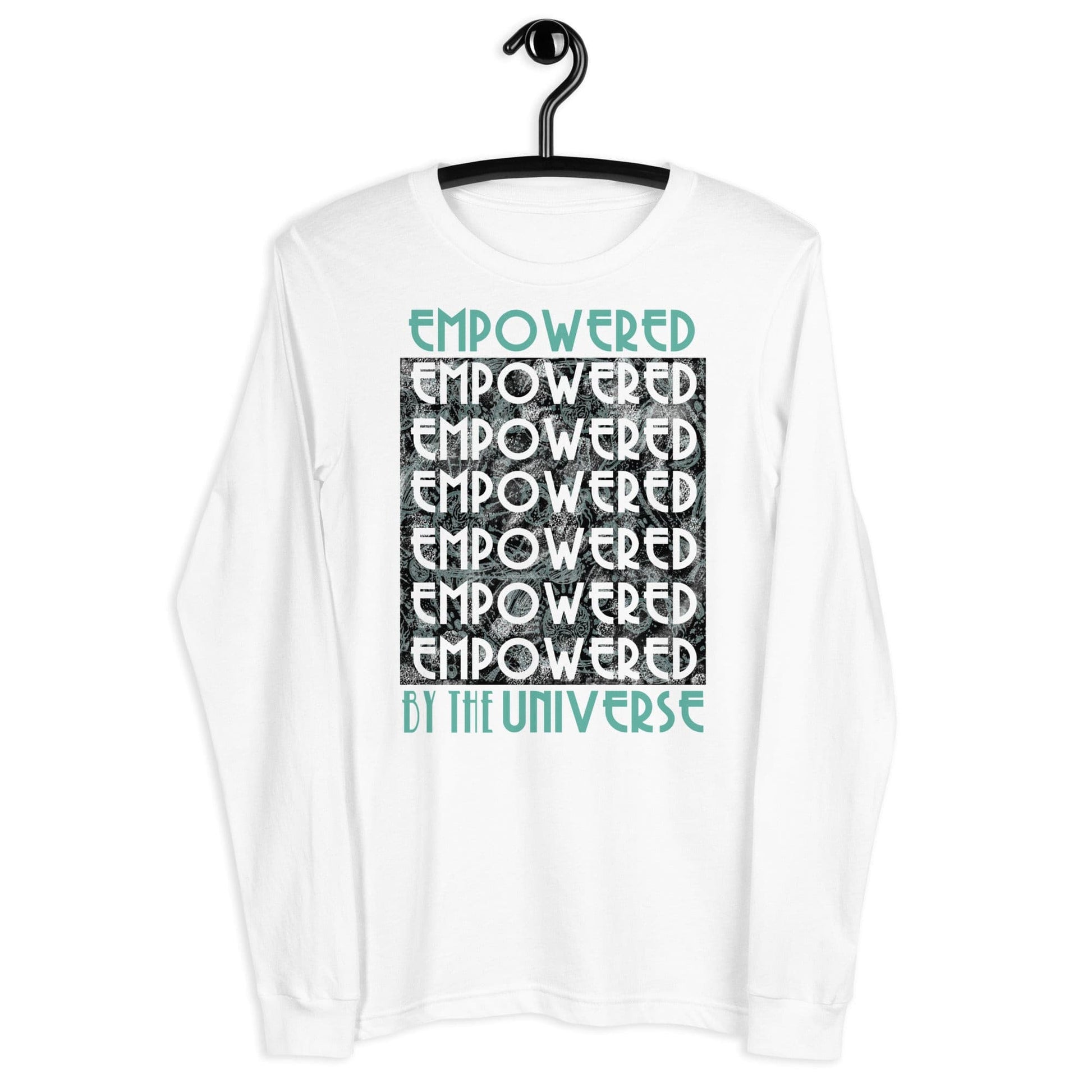 long sleeve white shirt front with empowered life graphic on hanger