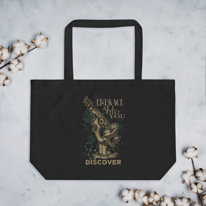 Embrace All That You Discover large eco canvas tote bag black front 