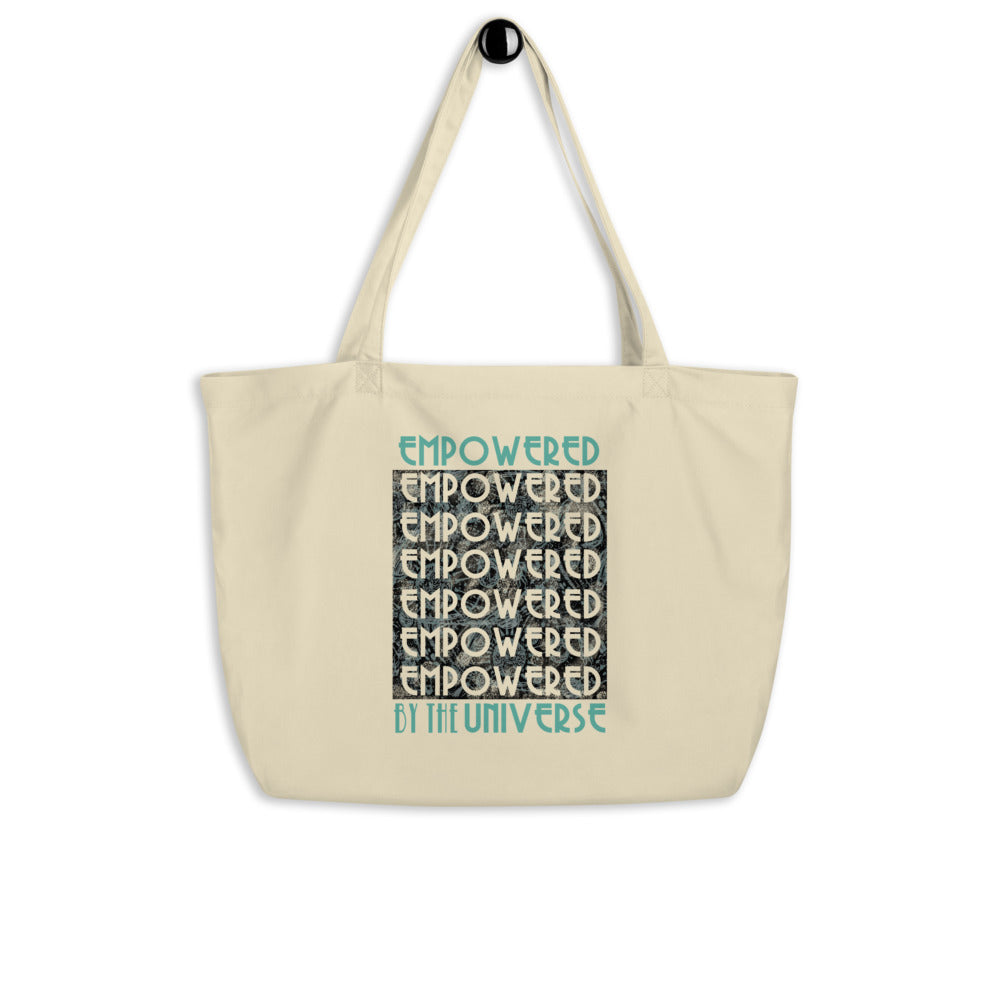 Empowered by the Universe eco tote bag large on wall hook