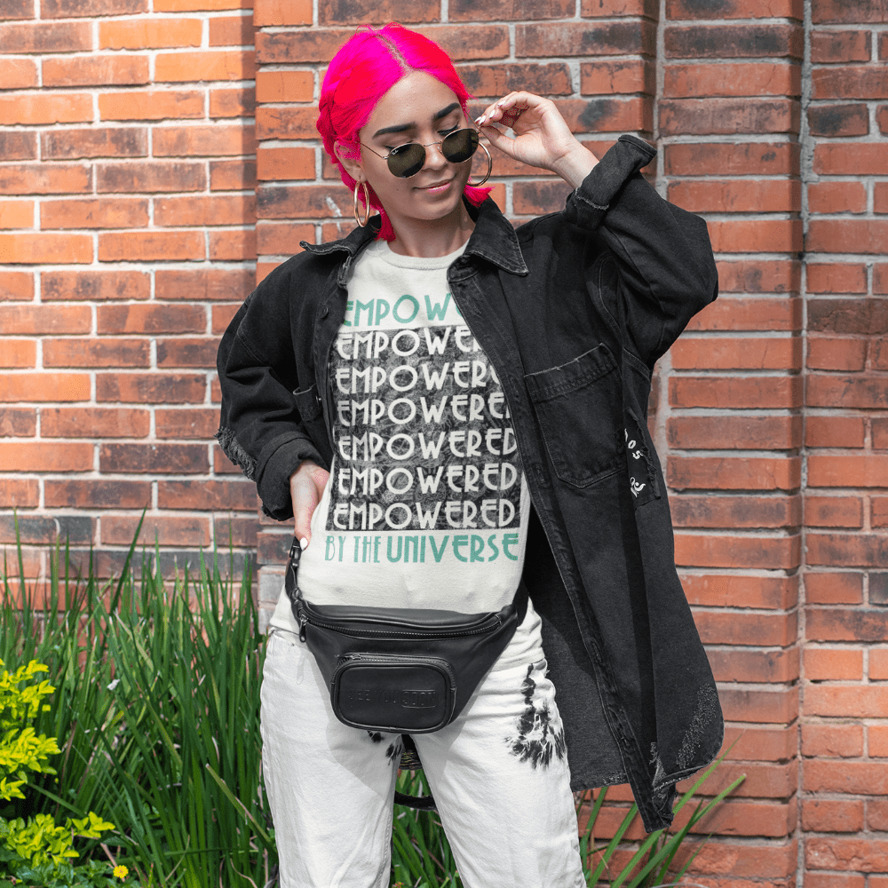 woman wearing Empowered by the Universe empowered Fashion tshirt grunge punk style pink hair