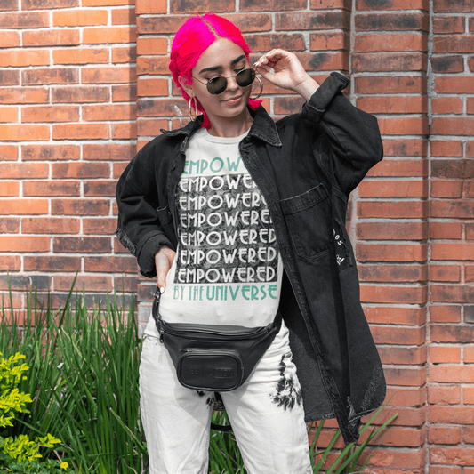 woman wearing Empowered by the Universe empowered Fashion tshirt grunge punk style pink hair