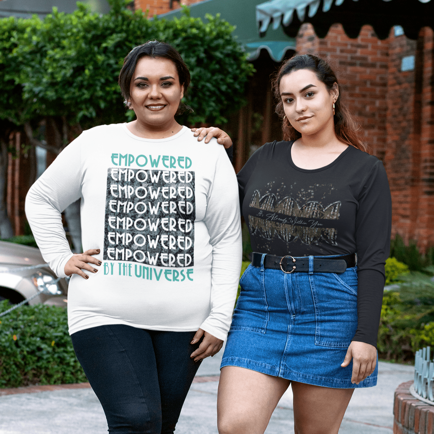 Hispanic plus size women wearing inspirational shirts with motivational quote