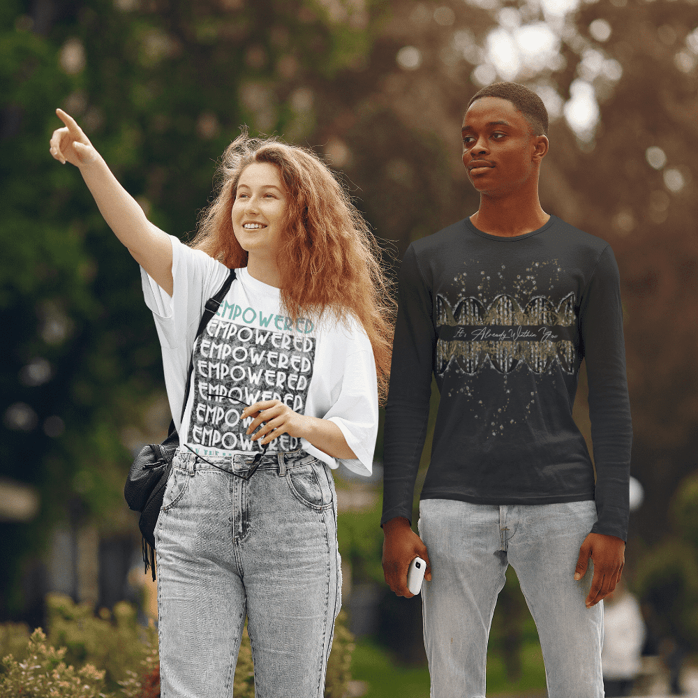 boy and girl wearing empowered fashion shirts with STEM designs sporting empowered life