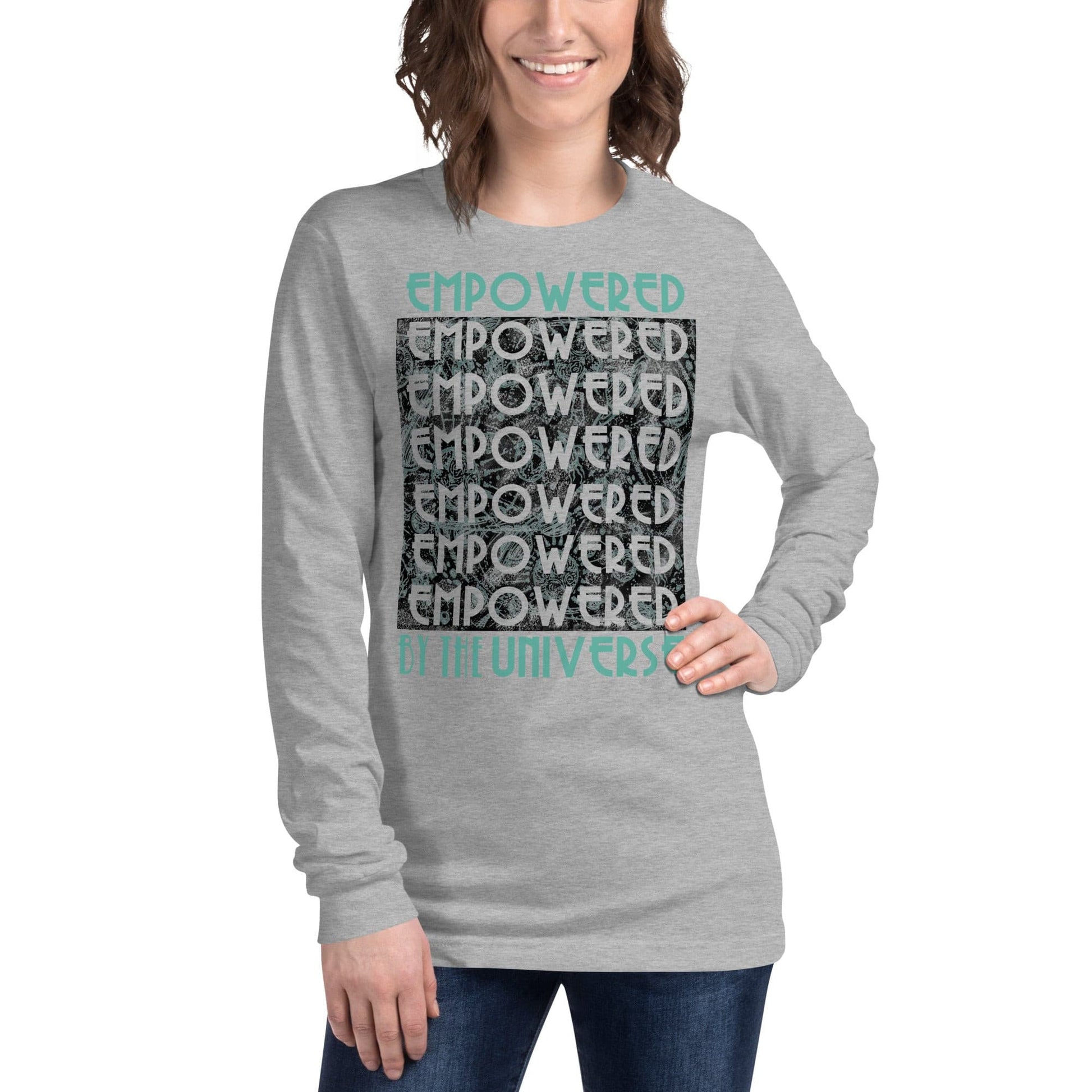 woman wearing empowered by the universe grey long sleeve shirt with empowered fashion space graphic