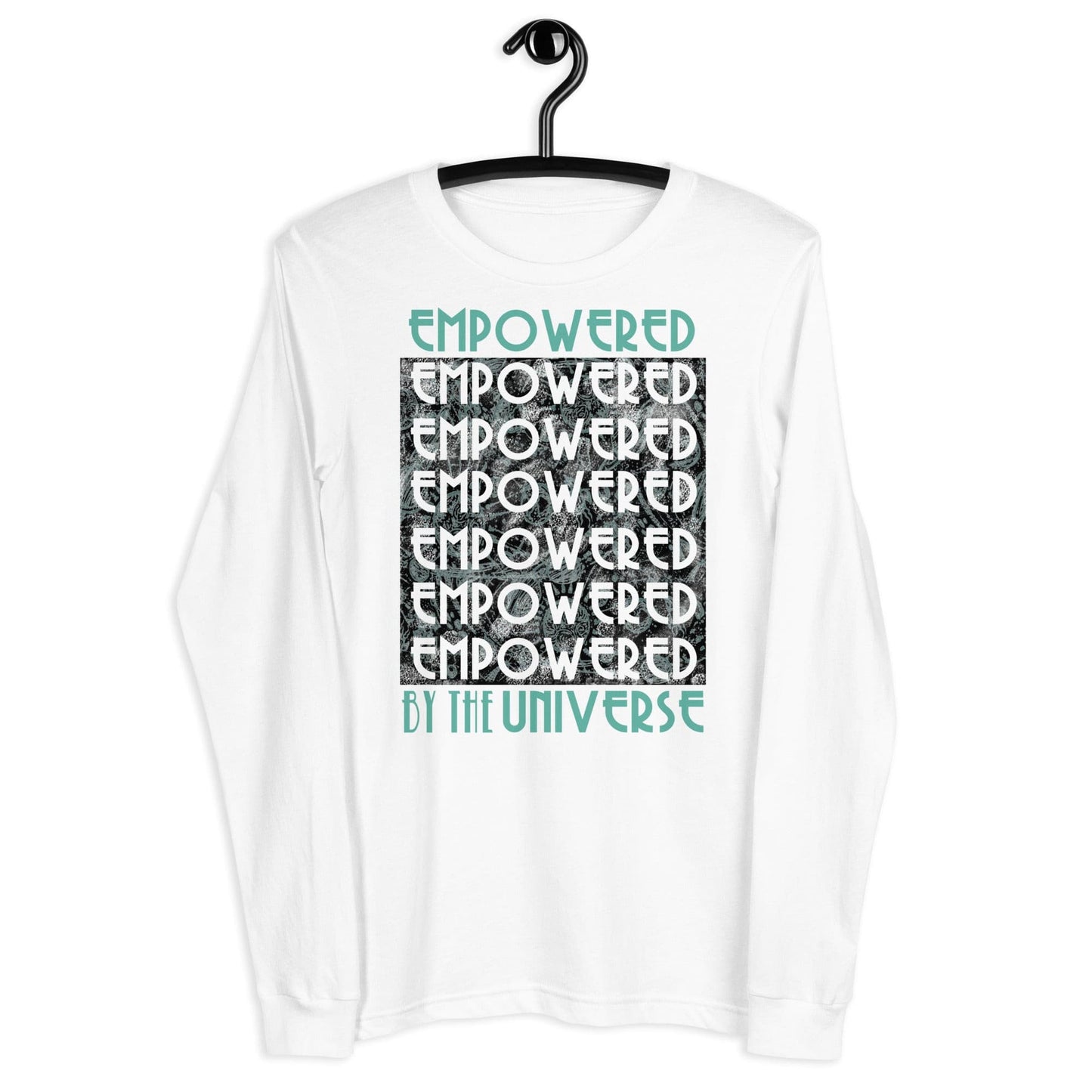 long sleeve white shirt front with empowered life graphic on hanger