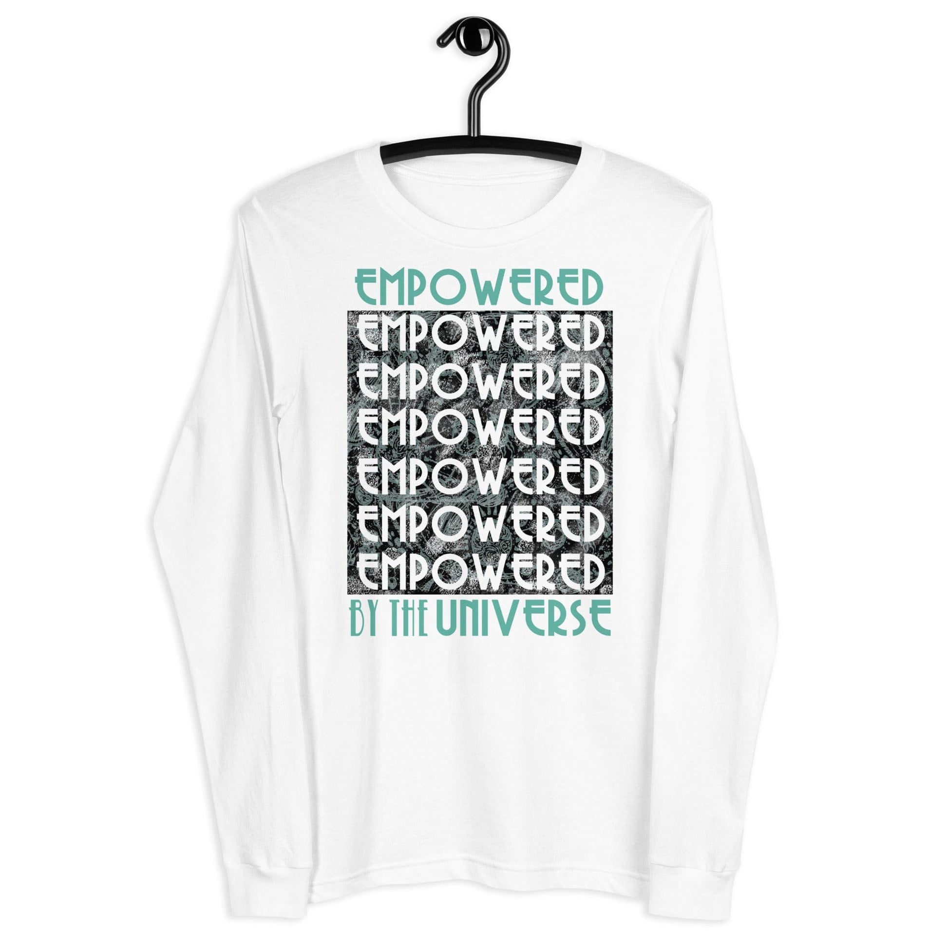 long sleeve white shirt front with empowered life graphic on hanger