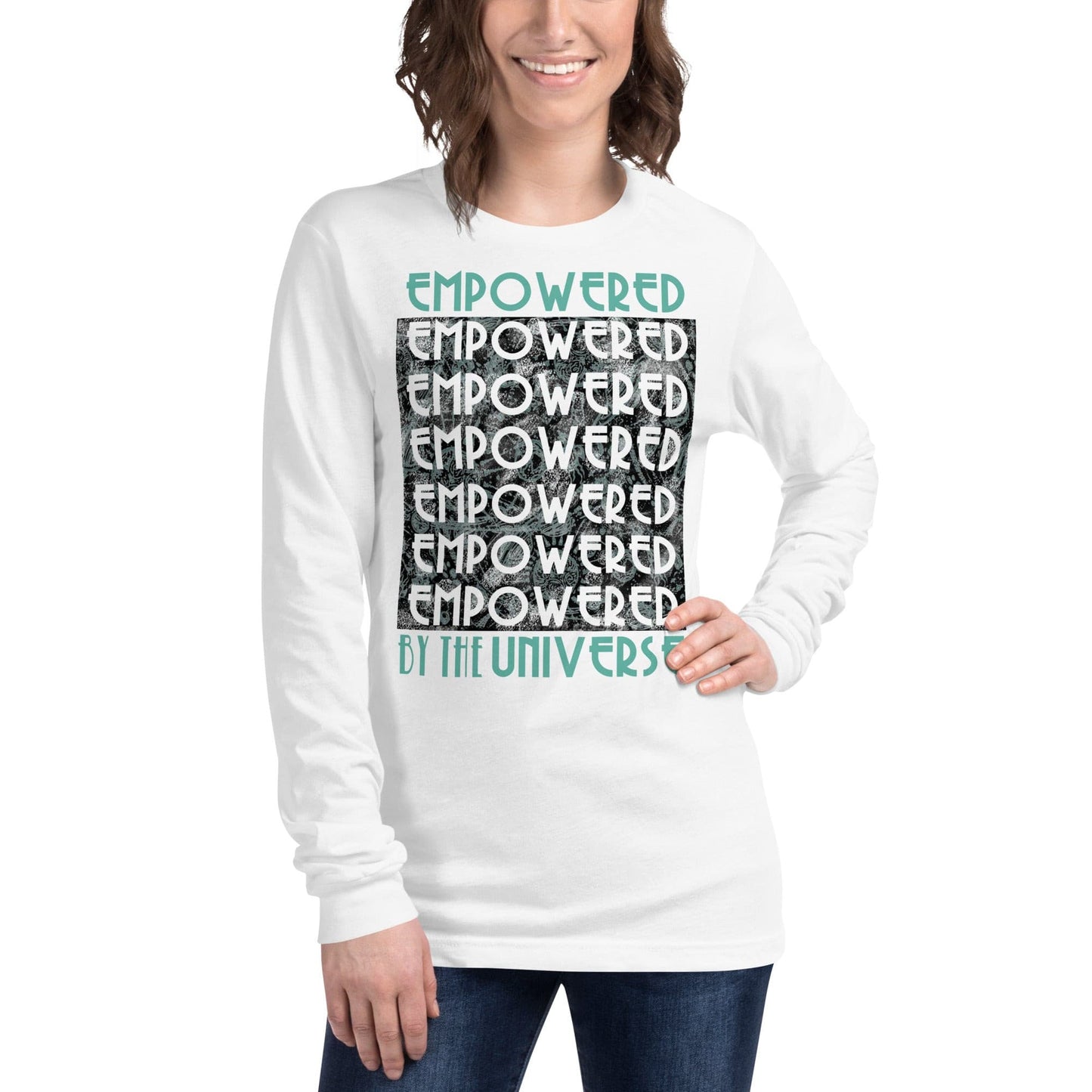 woman wearing long sleeve white shirt empowered life outer space planets