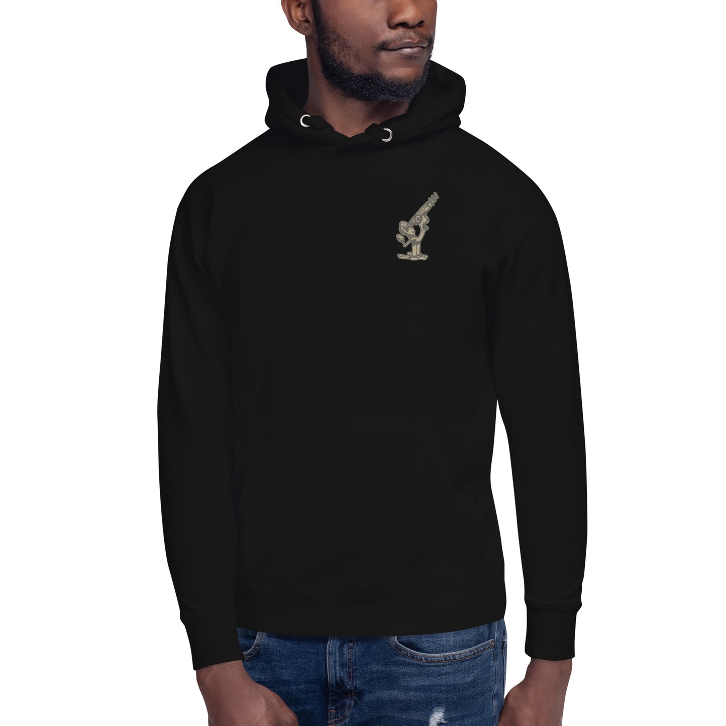 man wearing Embrace All That You Discover black pullover hoodie front view