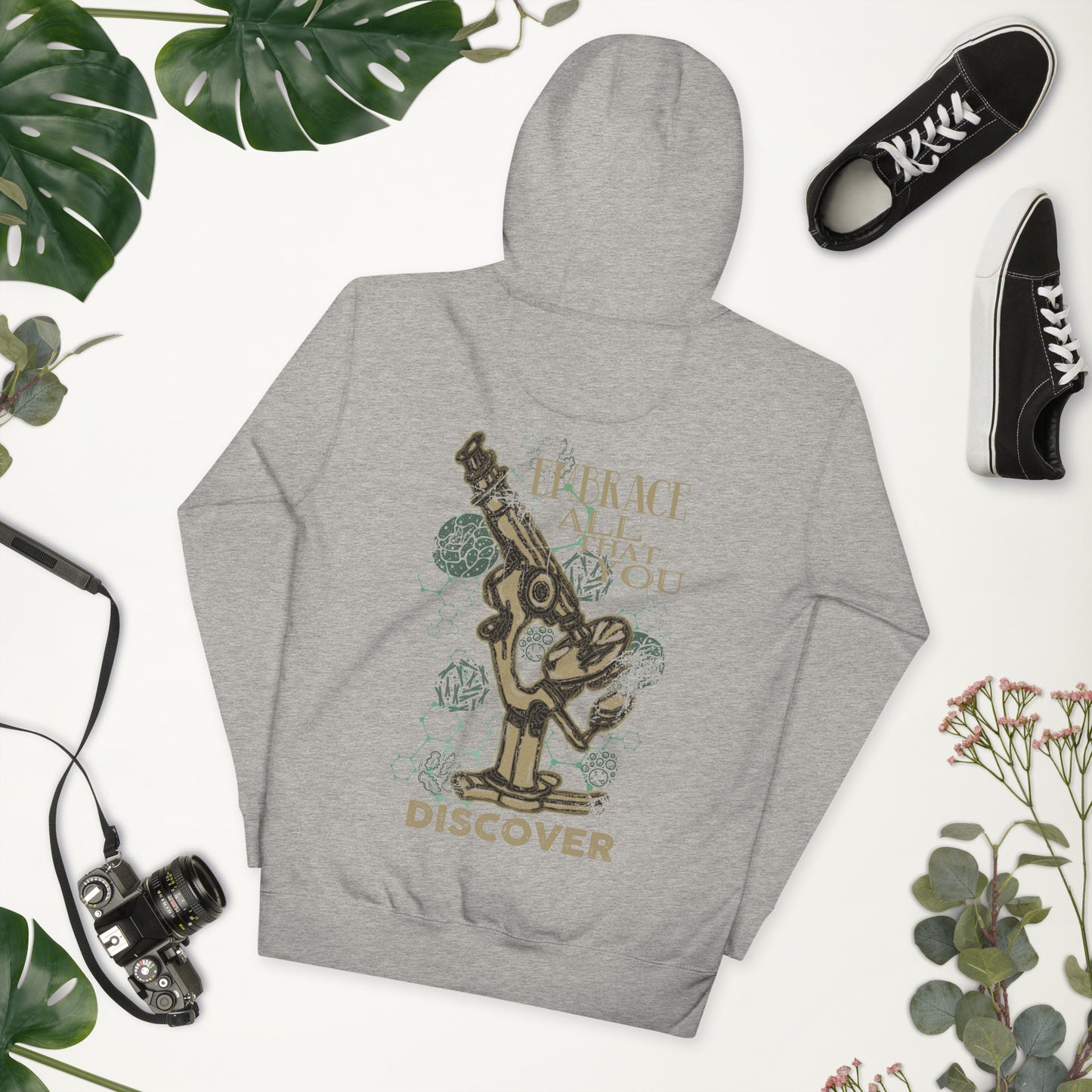 Embrace All That You Discover microscope grey unisex science hoodie back view