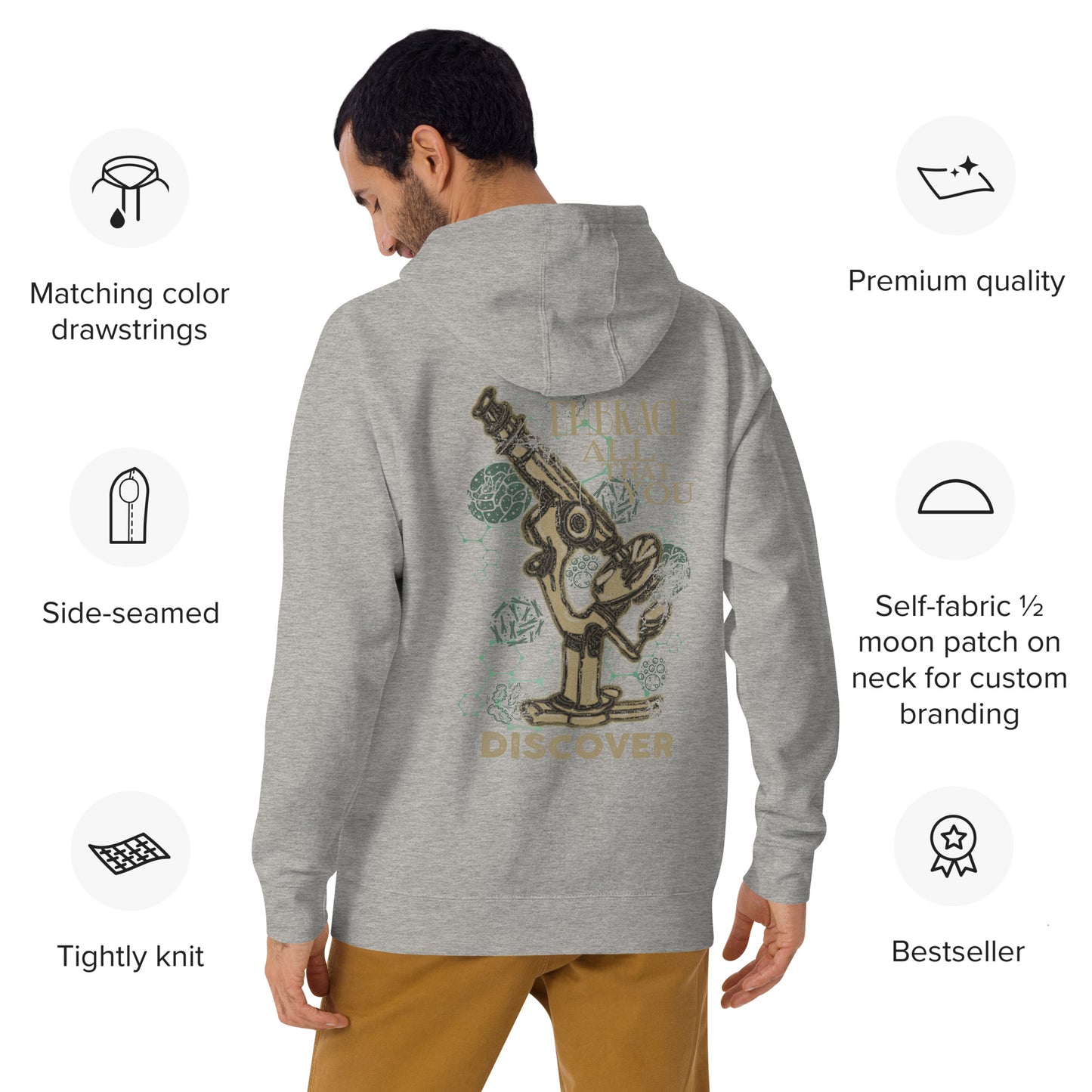 premium quality tightly knit Embrace All That You Discover microscope grey unisex science hoodie back view