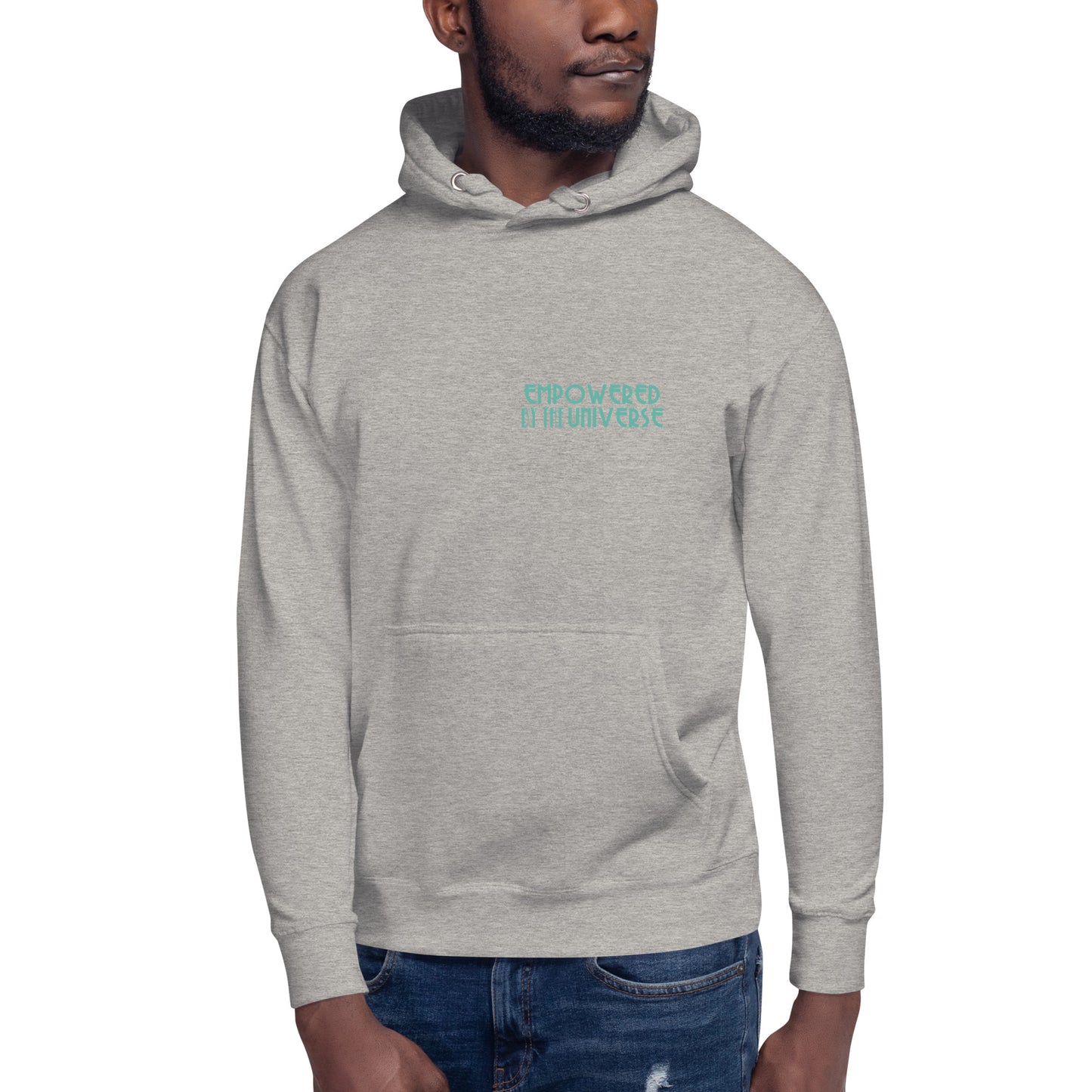 man wearing grey hoodie Empowered by the Universe on front