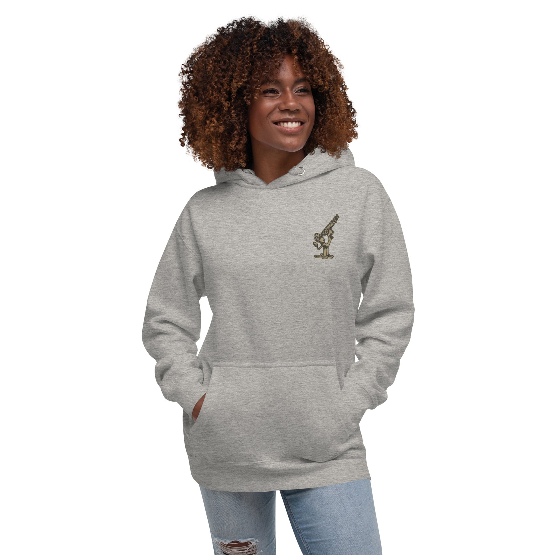 woman wearing Embrace All That You Discover microscope grey unisex science hoodie front