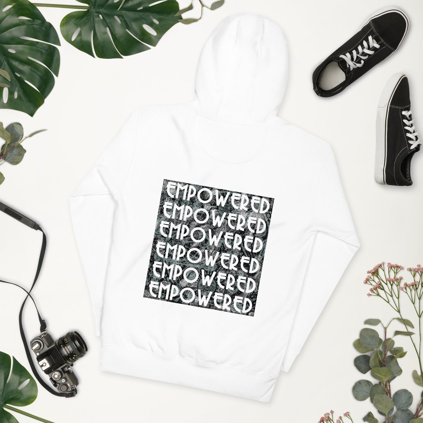 back view of white Empowered by Universe pullover hoodie unisex