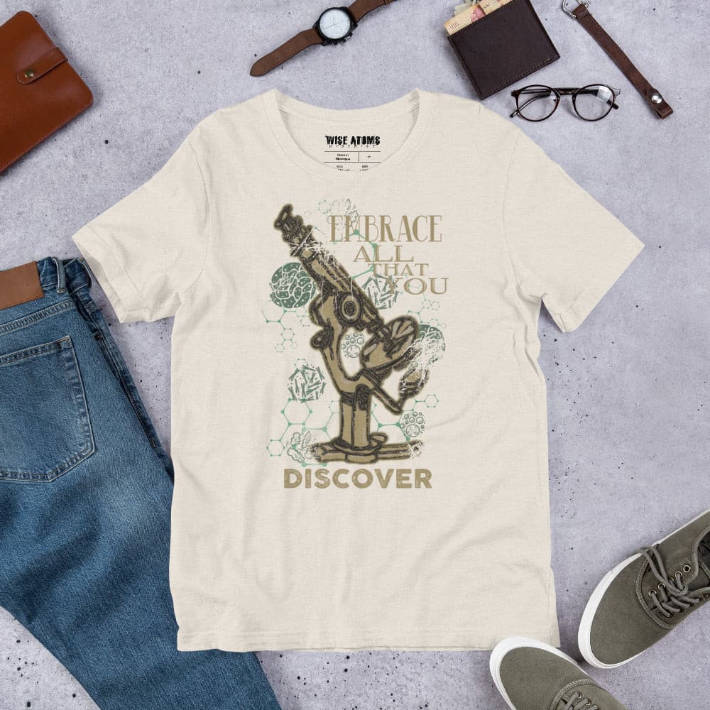 Embrace All that You Discover microscope white heather unisex tshirt lay flat style